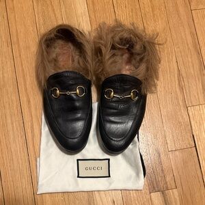 Gucci Black Leather Brixton Loafers with Tan Fur Size 39 $1,320